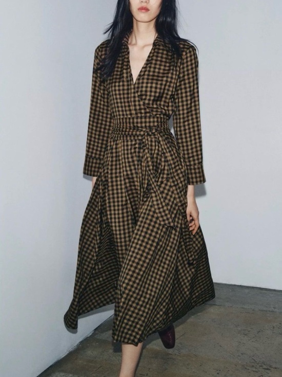 Zara - ZW Collection Dresses & Skirts - Zara ZW Collection Plaid Midi Shirt Dress NWT Navy Tan Long Sleeves L